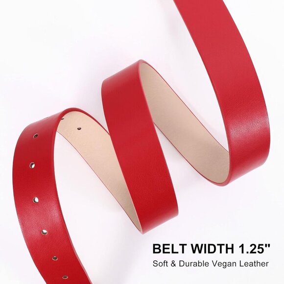 Women Leather Belt with Circle Gold Buckle Fashion Ladies Waist Belt Red Gold